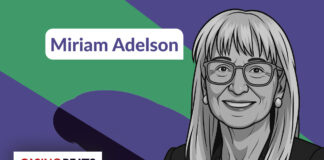 A grayscale illustration of Miriam Adelson