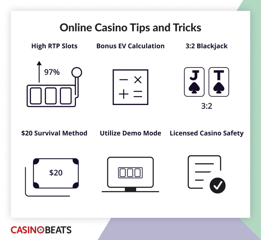 Infographic with six online casino tips and tricks, such as high RTP slots, bonus ev calculation, 3:2 blackjack, $20 survival method, demo mode, and licensed casino safety