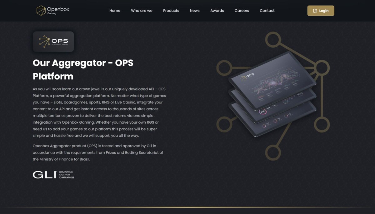 Openbox Gaming OPS platform webpage describing its casino game aggregation API for slots, sports, and live casino integration across multiple territories.