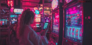 girl standing in front of a slot machine