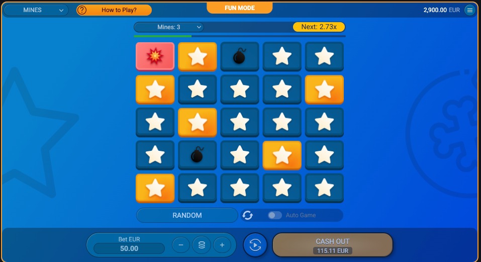Mines casino game screenshot with a nearly completed 5x5 grid. Most tiles are revealed as safe stars, but three bombs and one explosion tile are visible. The multiplier is 2.73x with a €115.11 cash-out option.