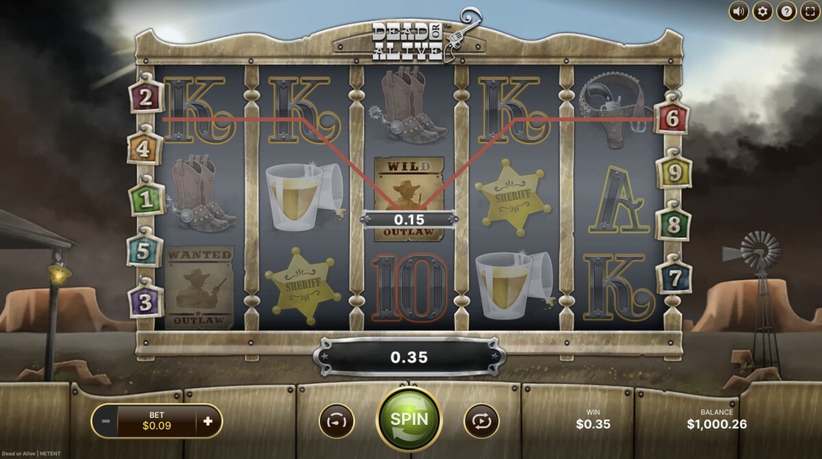 Western-themed slot machine interface with symbols like cowboy boots, beer mugs, sheriff badges, and a wild icon