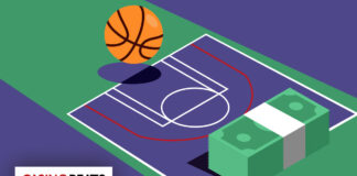 10 Biggest Sports Gambling Scandals of All Time Illustration of a basketball court with a ball in the air and a stack of cash on the court