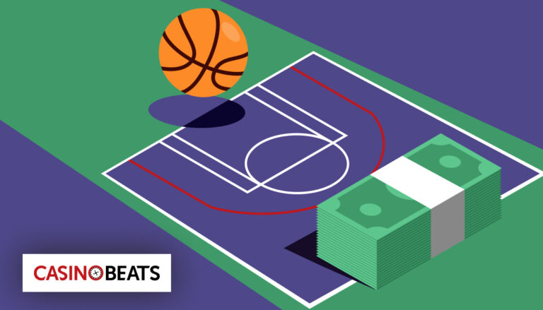 Illustration of a basketball court with a ball in the air and a stack of cash on the court