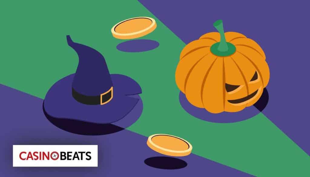Illustration of a witch’s hat and a carved pumpkin beside gold coins on a green and purple background.
