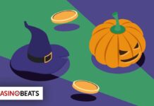 Illustration of a witch’s hat and a carved pumpkin beside gold coins on a green and purple background.