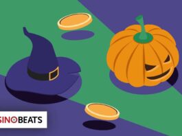 Illustration of a witch’s hat and a carved pumpkin beside gold coins on a green and purple background.