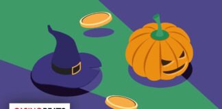 13 Halloween Online Slots For Fun & Spooky Spins Illustration of a witch’s hat and a carved pumpkin beside gold coins on a green and purple background.