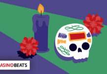 Illustration of a colorful sugar skull with vibrant patterns, beside a lit purple candle and red marigolds