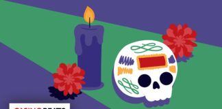Top 8 Day of the Dead Slots to Play Today Illustration of a colorful sugar skull with vibrant patterns, beside a lit purple candle and red marigolds