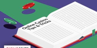 An open book titled "Online Casino Tips & Tricks" with colorful casino chips on a vibrant background