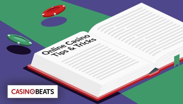 An open book titled "Online Casino Tips & Tricks" with colorful casino chips on a vibrant background