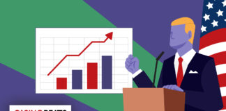 When Prediction Markets Go Political: Inside Trump’s Truth Predict Illustration of a politician giving a speech beside a rising bar and line graph, with an American flag in the background and the CasinoBeats logo displayed