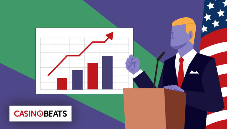 Illustration of a politician giving a speech beside a rising bar and line graph, with an American flag in the background and the CasinoBeats logo displayed
