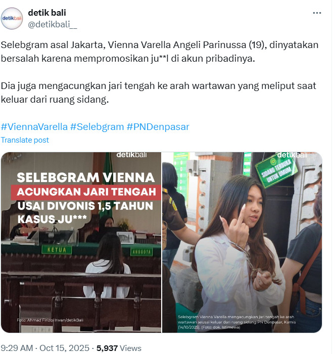 An X post from the Indonesian news outlet Detik Bali covering Vienna Varella Angeli Parinussa’s sentencing on October 15.