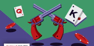 Illustration of crossed revolvers, poker cards, and chips symbolizing the Wanted Dead or a Wild slot’s Western theme