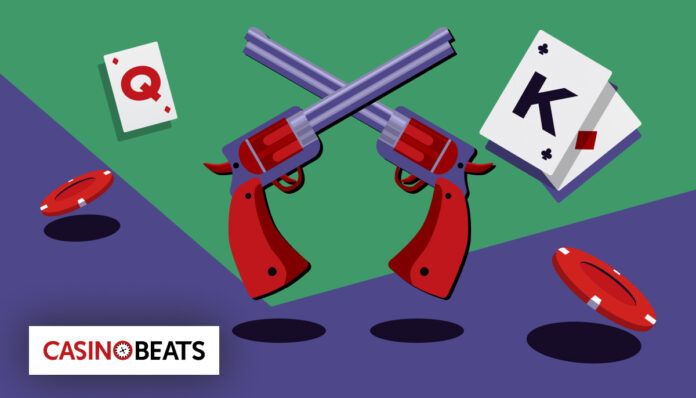 Illustration of crossed revolvers, poker cards, and chips symbolizing the Wanted Dead or a Wild slot’s Western theme