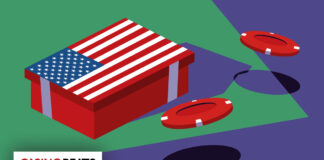 A red box with an American flag design, surrounded by red poker chips on a purple and green background