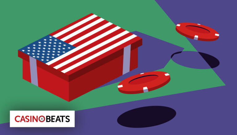 A red box with an American flag design, surrounded by red poker chips on a purple and green background