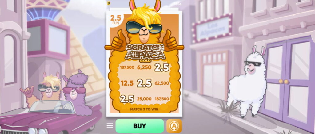 Cartoon alpacas wearing sunglasses, one driving a convertible near a pyramid, and another by a storefront. A scratch-off ticket graphic in the center offers rewards