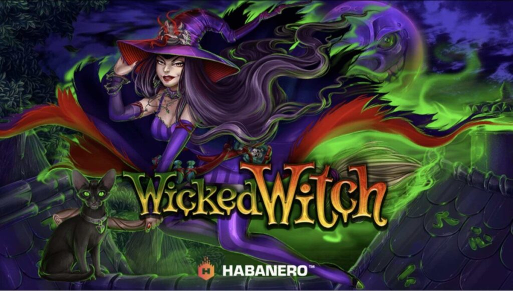 Wicked Witch Habanero slot featuring purple witch and black cat in magical setting.