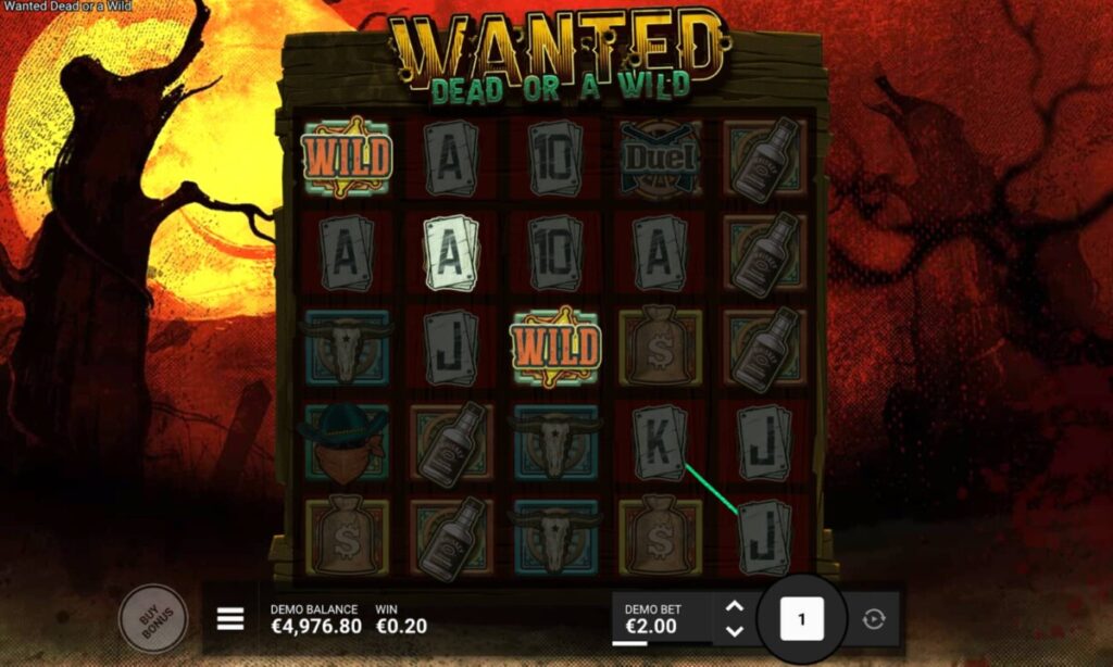 A gameplay screen from Wanted Dead or a Wild showing Wild symbols and the DuelReels feature on the slot grid