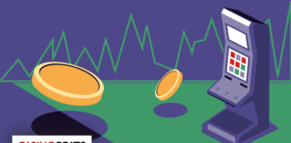 Illustration of two coins spinning near a digital slot machine on a green surface