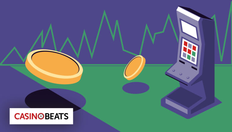 Illustration of two coins spinning near a digital slot machine on a green surface