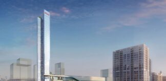 Rendering of Bally’s $1.7 billion Chicago casino resort along the Chicago River, showing the planned hotel tower and entertainment complex.