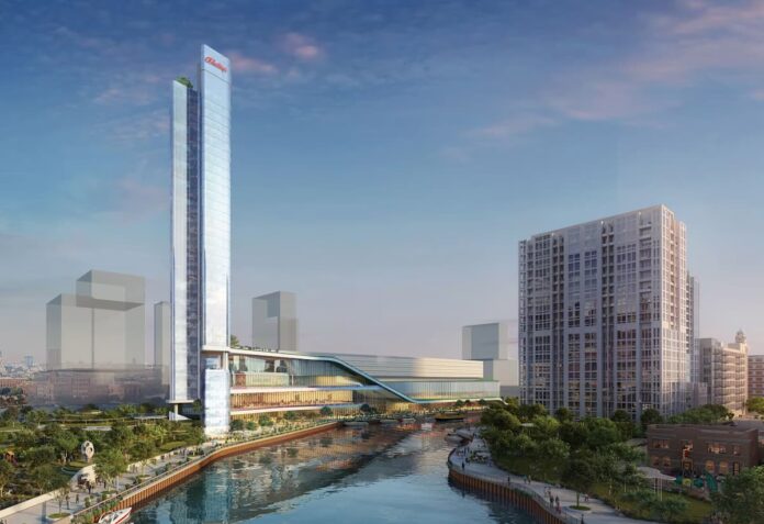 Rendering of Bally’s $1.7 billion Chicago casino resort along the Chicago River, showing the planned hotel tower and entertainment complex.
