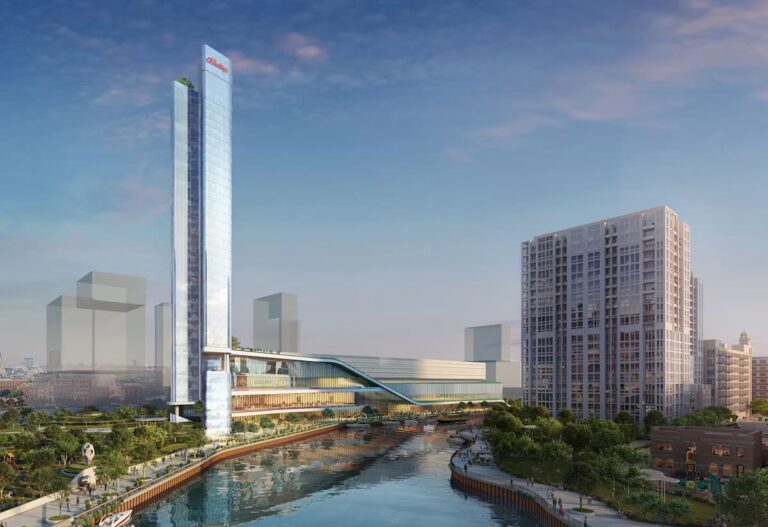 Rendering of Bally’s $1.7 billion Chicago casino resort along the Chicago River, showing the planned hotel tower and entertainment complex.