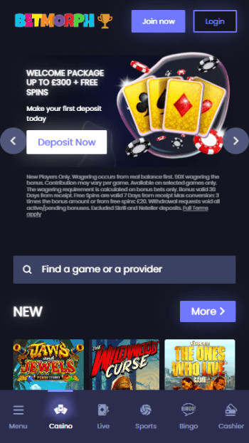 betmorph homepage and new games