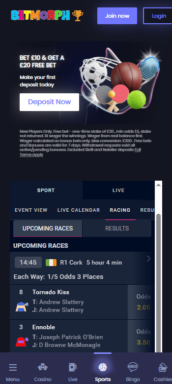 Horse racing page at BetMorph