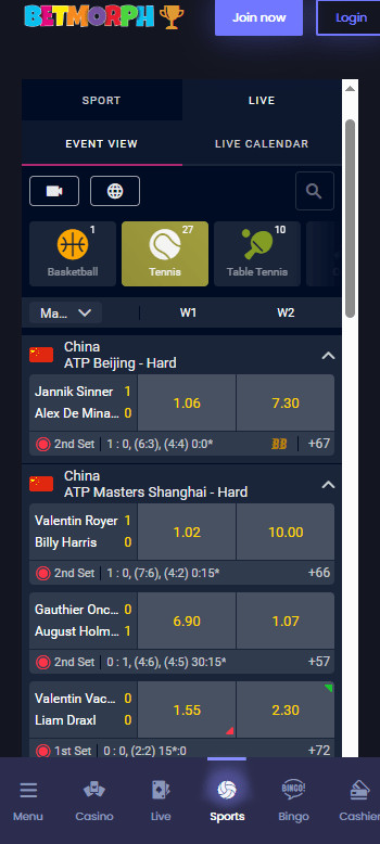 Tennis page at BetMorph