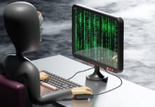 Illustration of a hacker at a computer with green code on the screen, symbolizing a data breach.