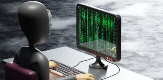 Illustration of a hacker at a computer with green code on the screen, symbolizing a data breach.