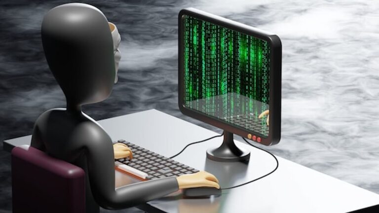 Illustration of a hacker at a computer with green code on the screen, symbolizing a data breach.