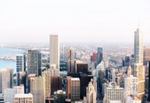 Aerial view of downtown Chicago skyscrapers on a bright day