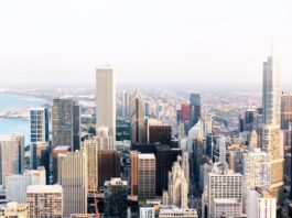 Aerial view of downtown Chicago skyscrapers on a bright day