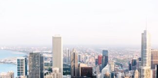 Aerial view of downtown Chicago skyscrapers on a bright day
