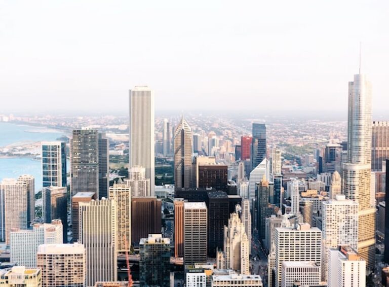 Aerial view of downtown Chicago skyscrapers on a bright day