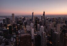 Chicago skyline at sunset viewed from above