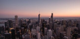 Chicago skyline at sunset viewed from above