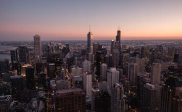 Chicago skyline at sunset viewed from above