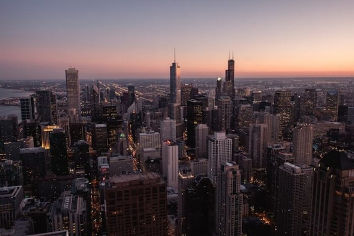 Chicago skyline at sunset viewed from above