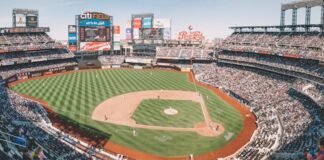 Wide view of Citi Field baseball stadium filled with fans during a game.