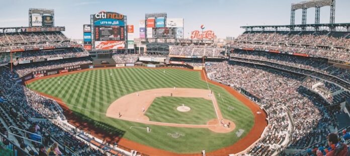 Wide view of Citi Field baseball stadium filled with fans during a game.