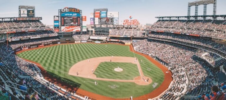 Wide view of Citi Field baseball stadium filled with fans during a game.