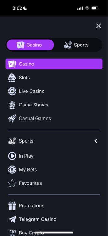 CoinCasino menu