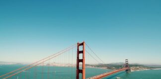 Golden Gate Bridge spanning San Francisco Bay on a clear sunny day
